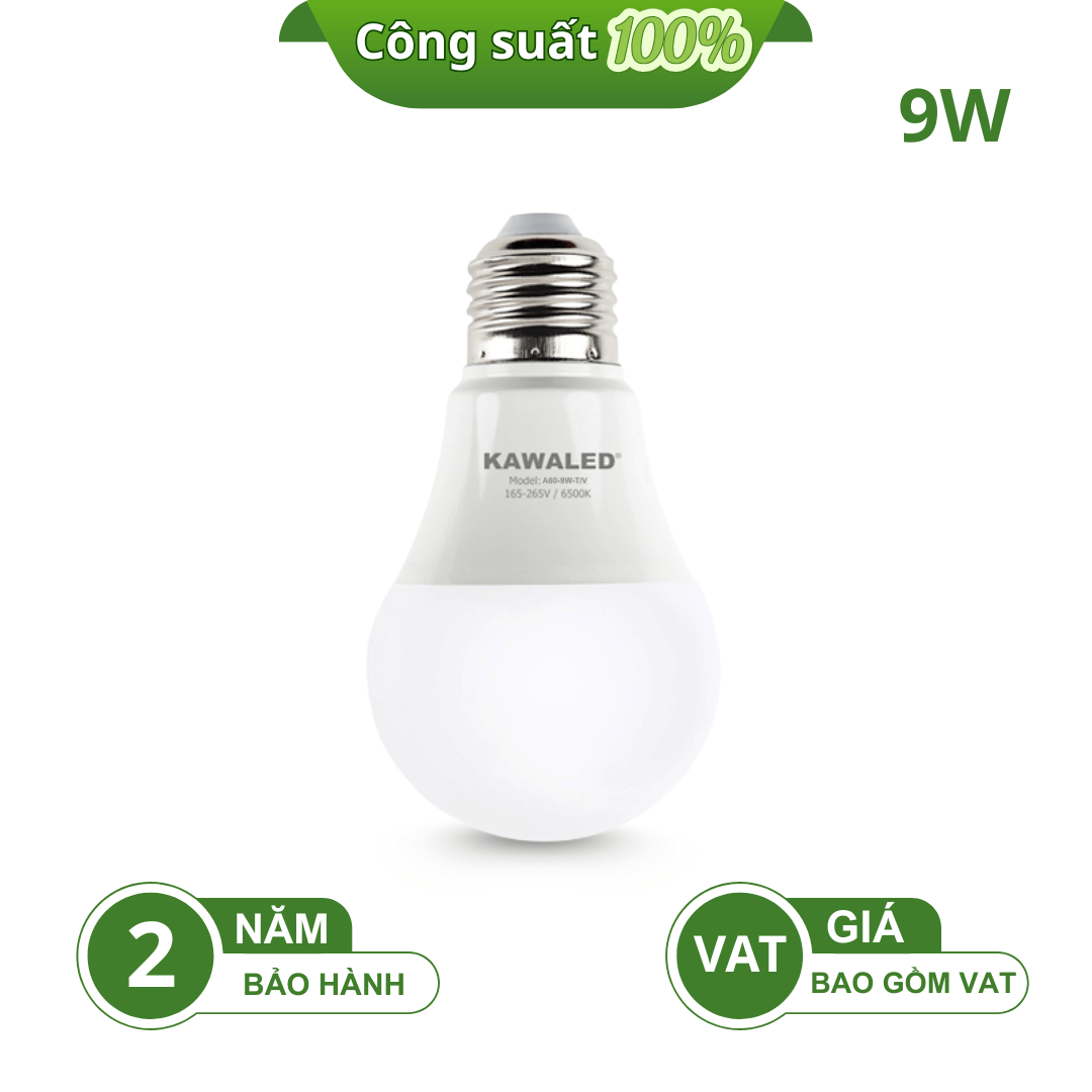 Bóng đèn led bulb tròn Kawaled 9W công suất 100% có bảo hành