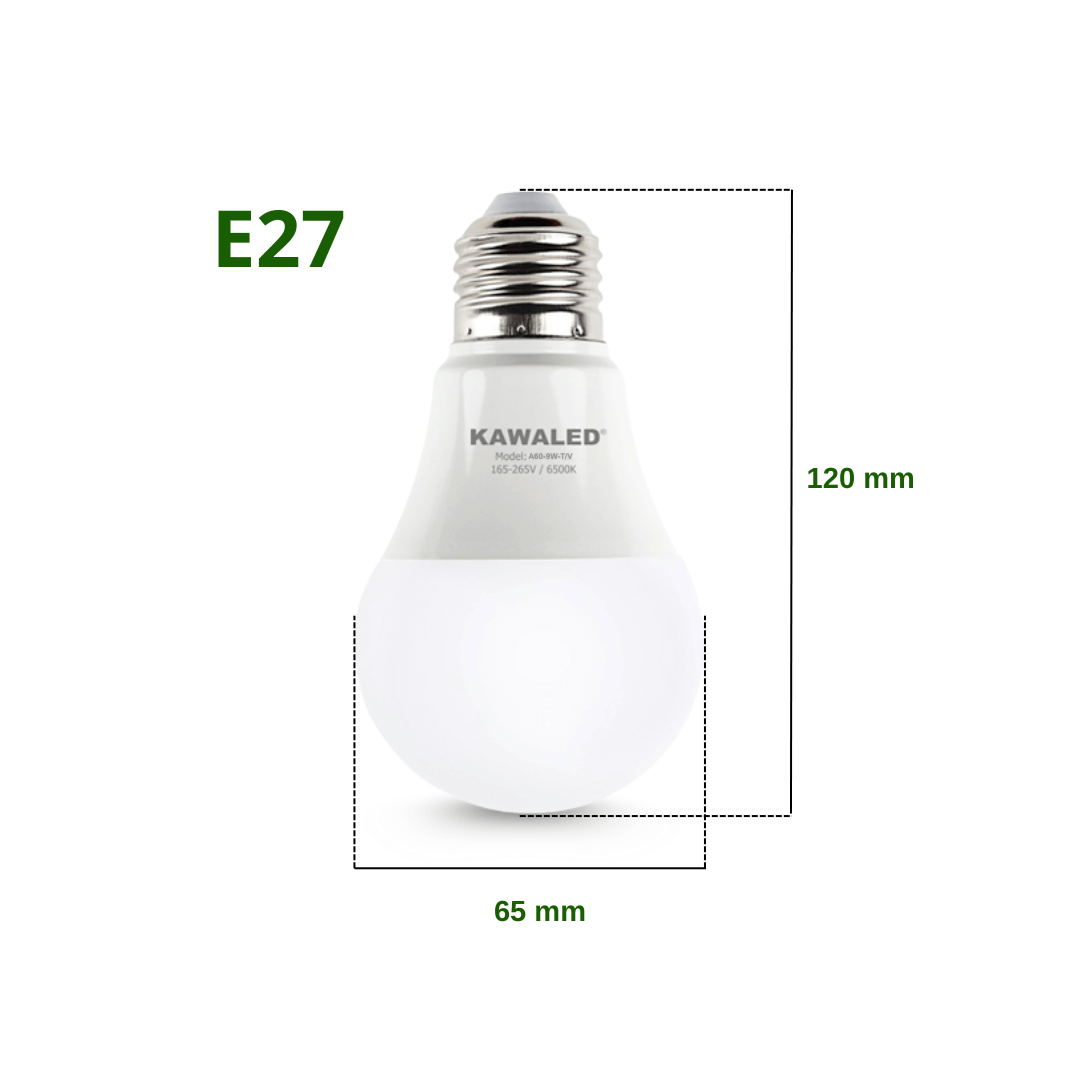 Kích thước bóng đèn led bulb tròn Kawaled A60-9W đui E27