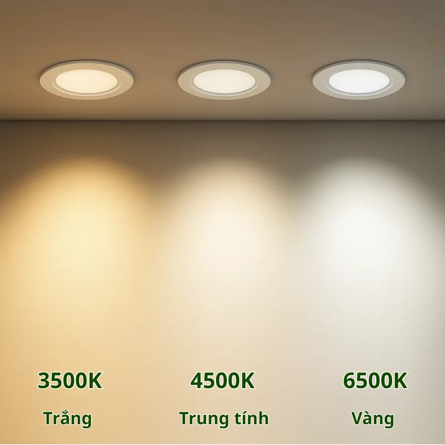 Ba mức màu đèn LED âm trần: 3500K, 4500K, 6500K