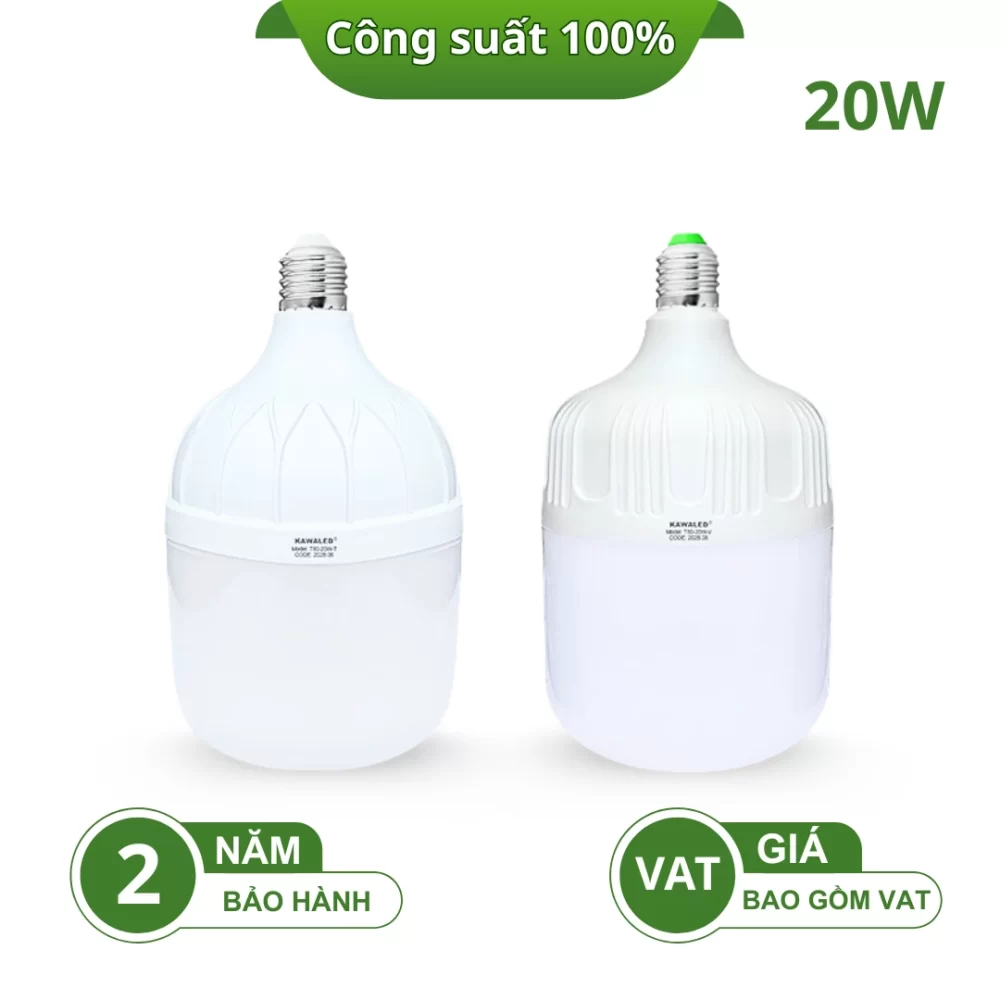 Đèn led bulb trụ Kawaled T80-20W gồm ánh sáng trắng và vàng, công suất thực 100%