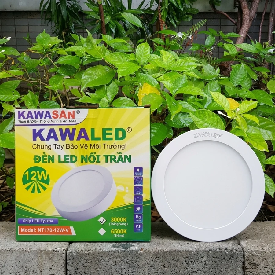 Hộp sản phẩm và đèn LED nổi trần tròn NT170-12W của KAWALED