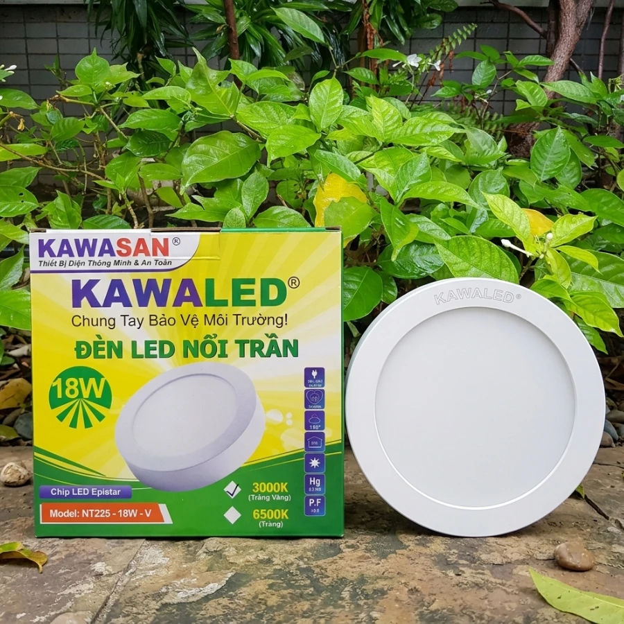 Hộp sản phẩm và đèn LED nổi trần NT225-18W KAWALED