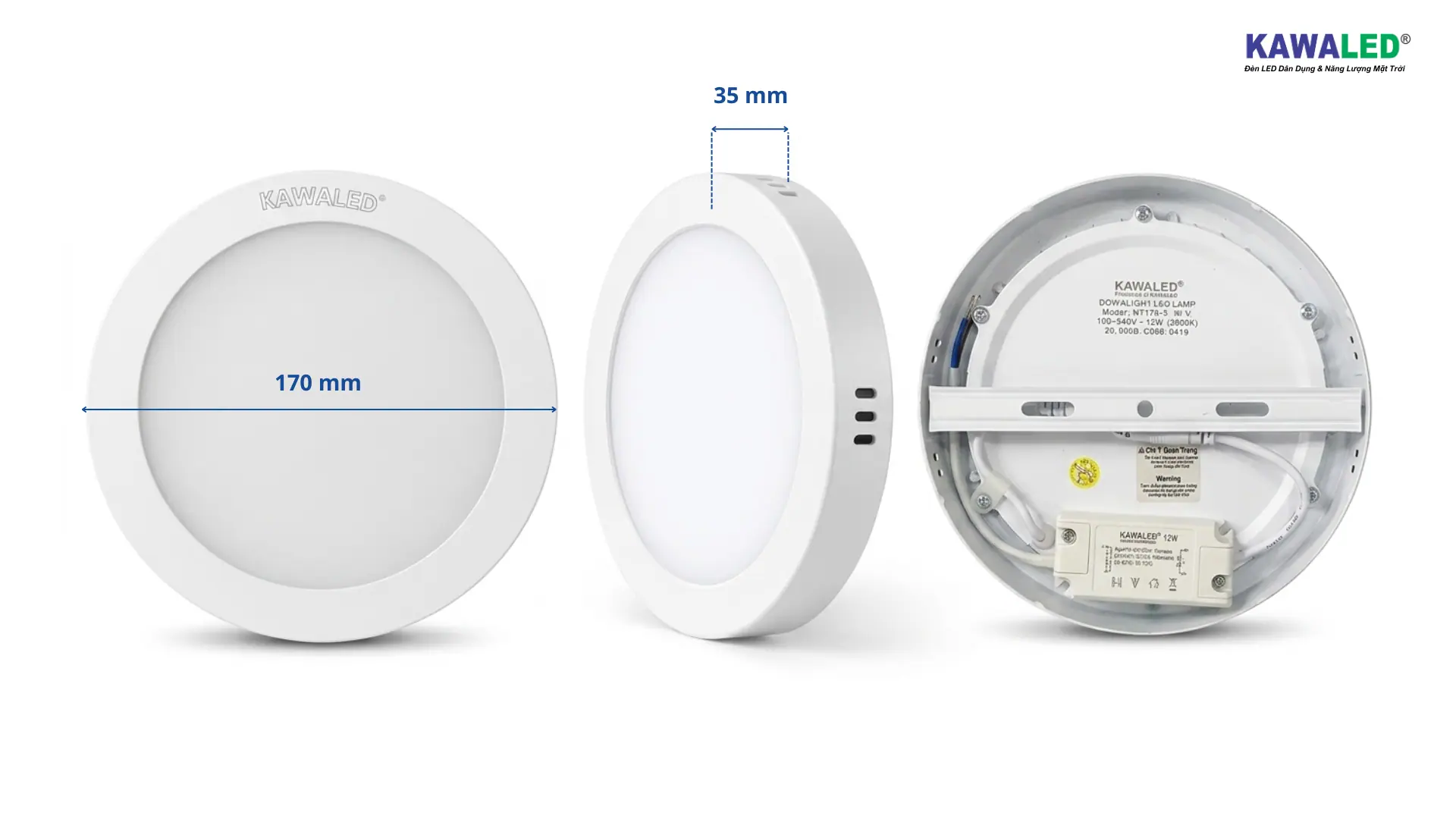 Kích thước và cấu tạo đèn LED nổi trần NT170-12W KAWALED
