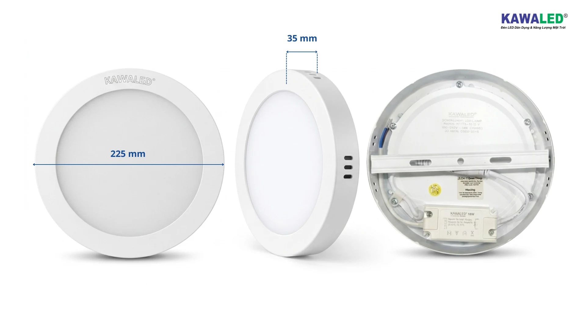 Kích thước và cấu tạo đèn LED nổi trần NT225-18W KAWALED