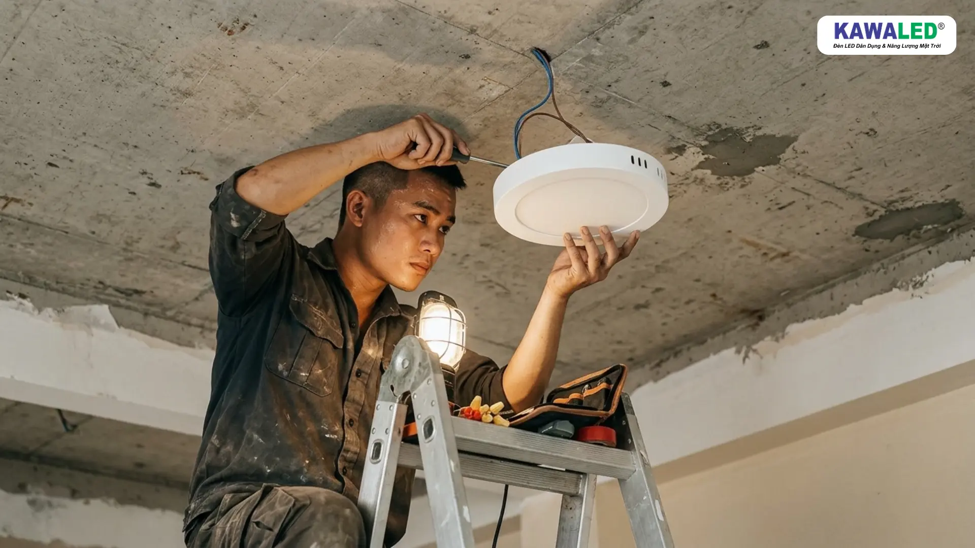 Lắp đặt đèn LED nổi trần NT trực tiếp trên trần bê tông