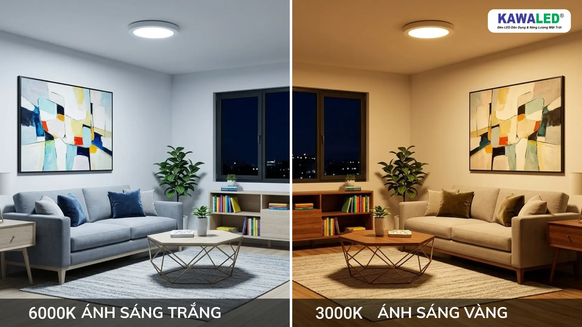 So sánh ánh sáng trắng 6000K và vàng 3000K của đèn LED nổi trần