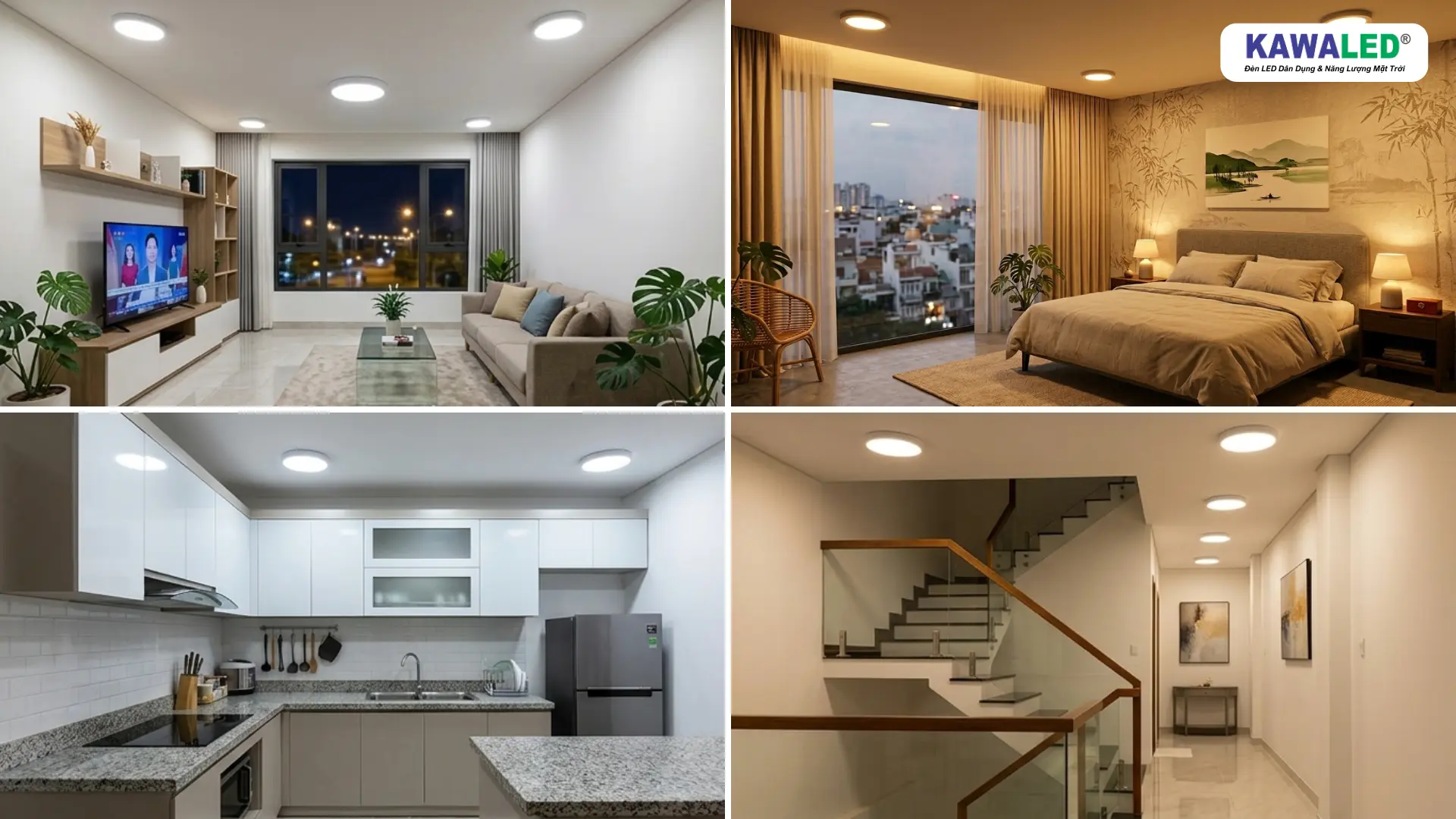 Ứng dụng đèn LED nổi trần KAWALED cho phòng khách phòng ngủ nhà bếp và hành lang