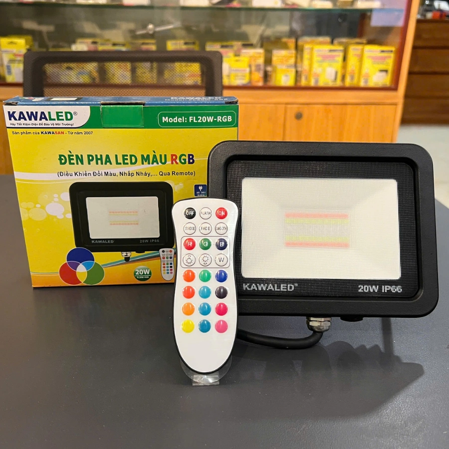 Đèn pha 7 màu 20W KAWALED FL20W-RGB kèm remote