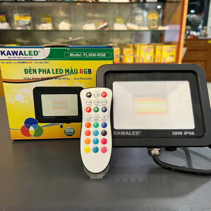 Đèn pha 7 màu KAWALED FL30W-RGB kèm remote điều khiển