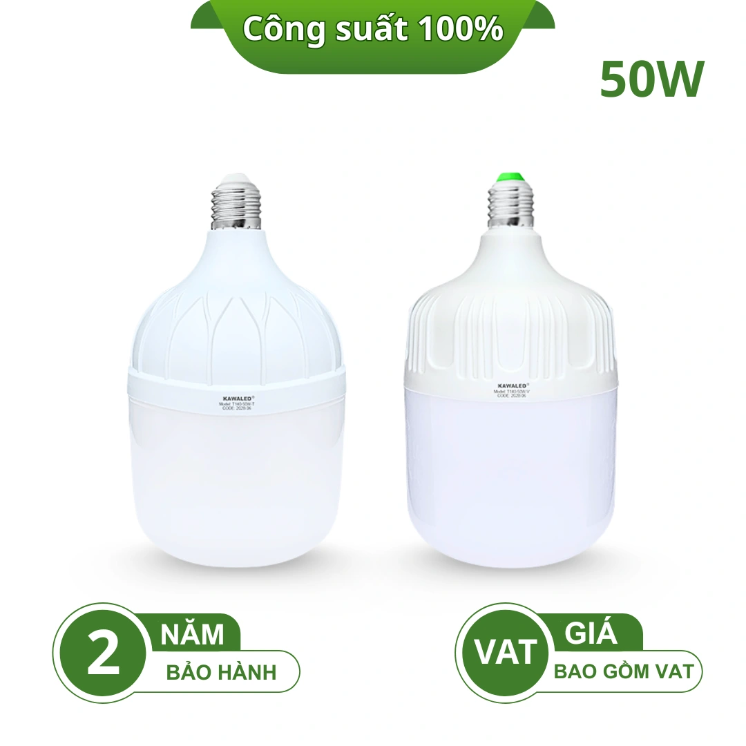 Đèn led bulb trụ Kawaled T140-50W, công suất chuẩn, ánh sáng đều