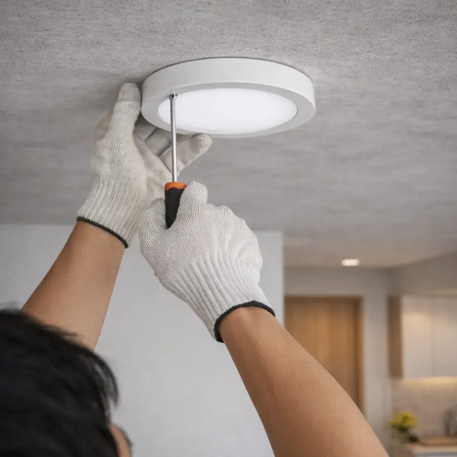 Kỹ thuật viên lắp đèn LED nổi trần tròn NT120-6W bằng tua vít