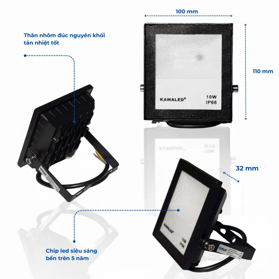 Kích thước thực tế đèn pha đổi màu 10W FL10W-RGB2 – nhỏ gọn dễ lắp đặt