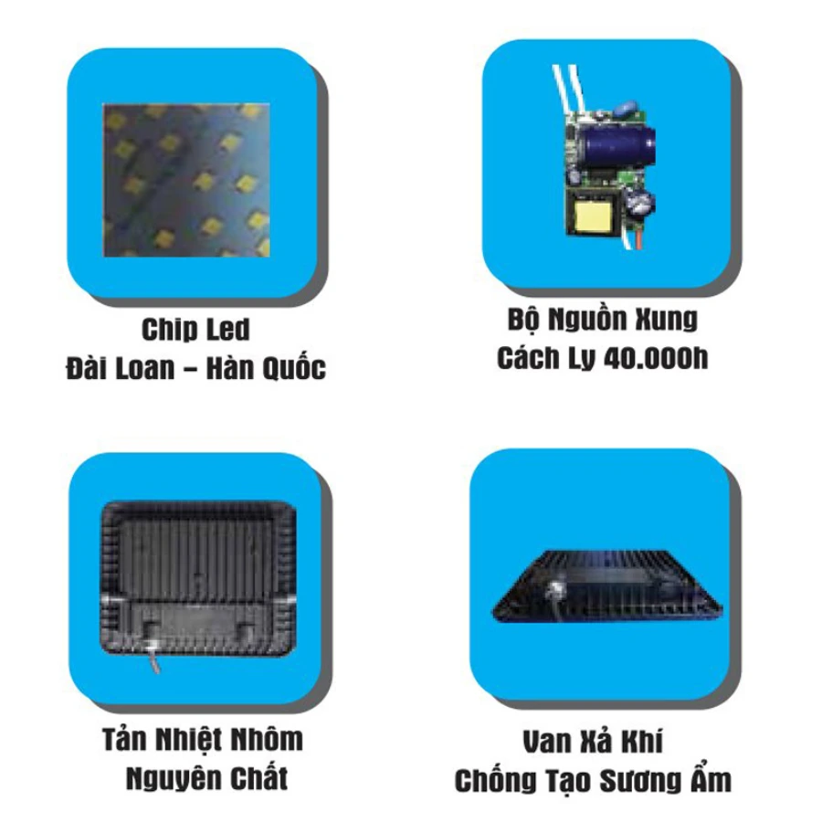 Linh kiện đèn pha led 10W RGB gồm chip LED Đài Loan – Hàn Quốc, nguồn xung cách ly và tản nhiệt nhôm nguyên chất