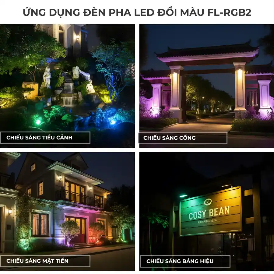 Ứng dụng đèn pha đổi màu 10W trong chiếu sáng tiểu cảnh, cổng, mặt tiền và bảng hiệu