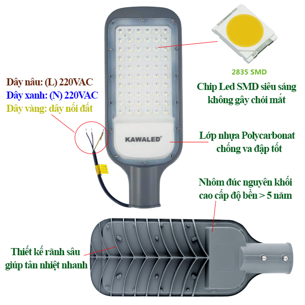 Chip Led SMD siêu sáng, thân nhôm đúc nguyên khối độ bền cao trên 5 năm