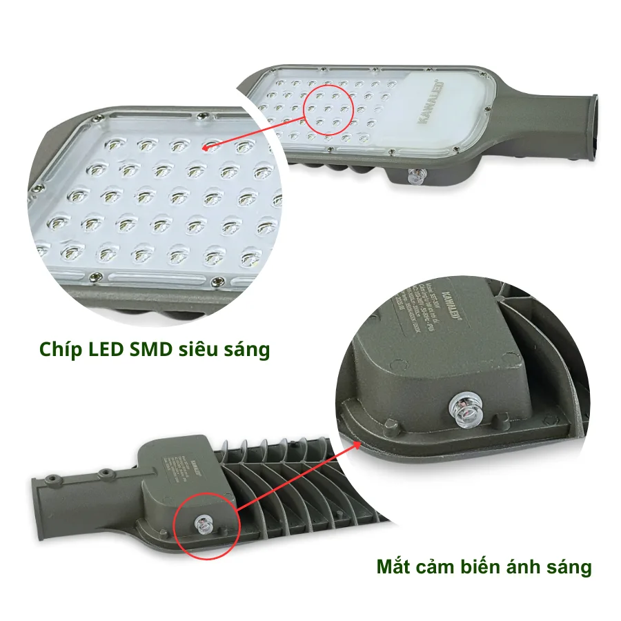Chip LED SMD và mắt cảm biến ánh sáng trên đèn Kawaled SST-30W