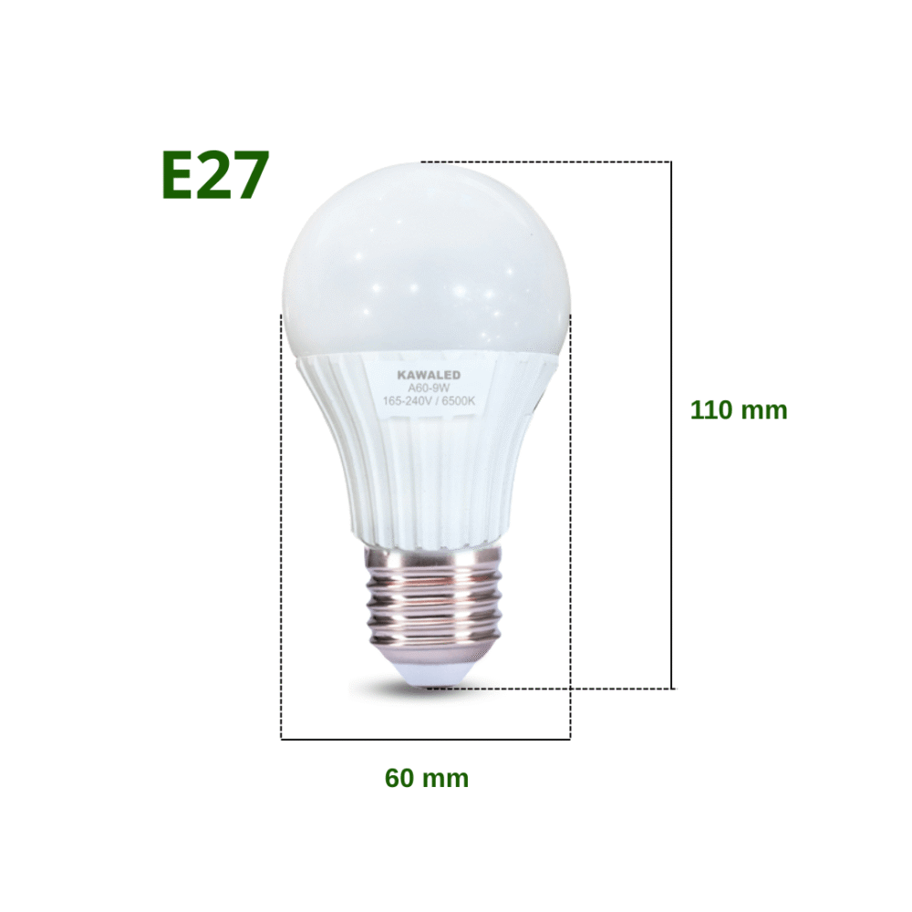 Kích thước đèn led bulb 9W – thân A60 – đui E27