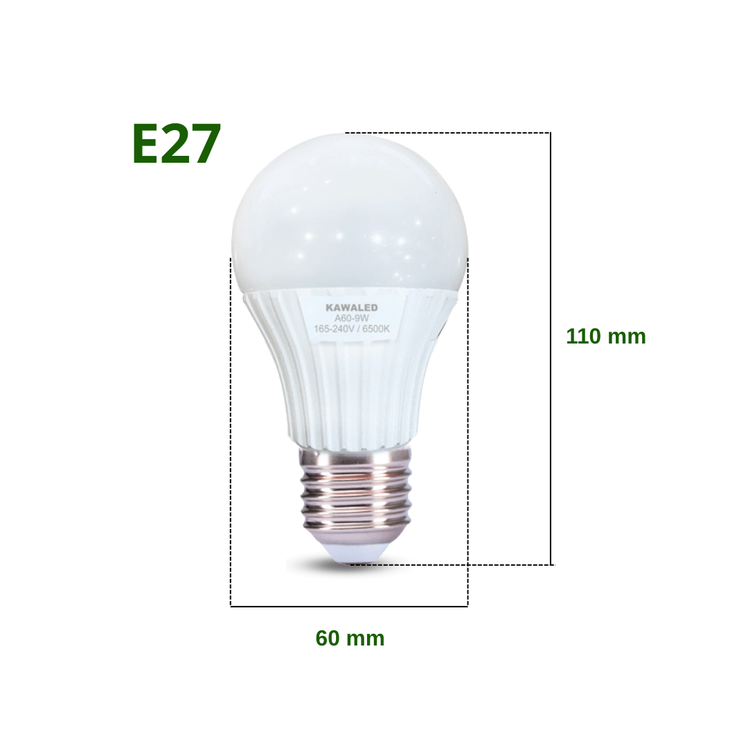 Kích thước đèn led bulb 9W – thân A60 – đui E27