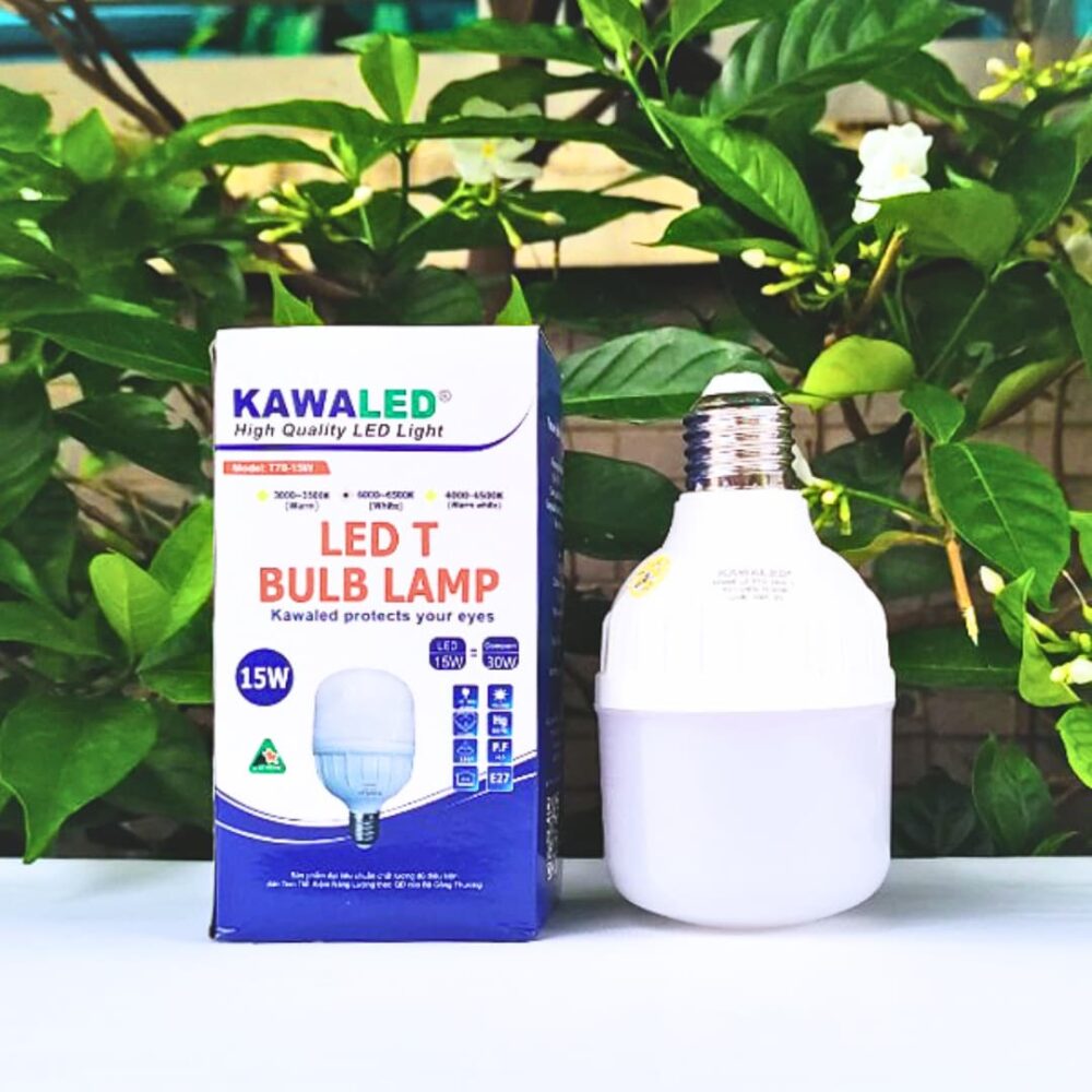 Bóng đèn LED bulb trụ Kawaled T70 15W thực tế bên ngoài hộp