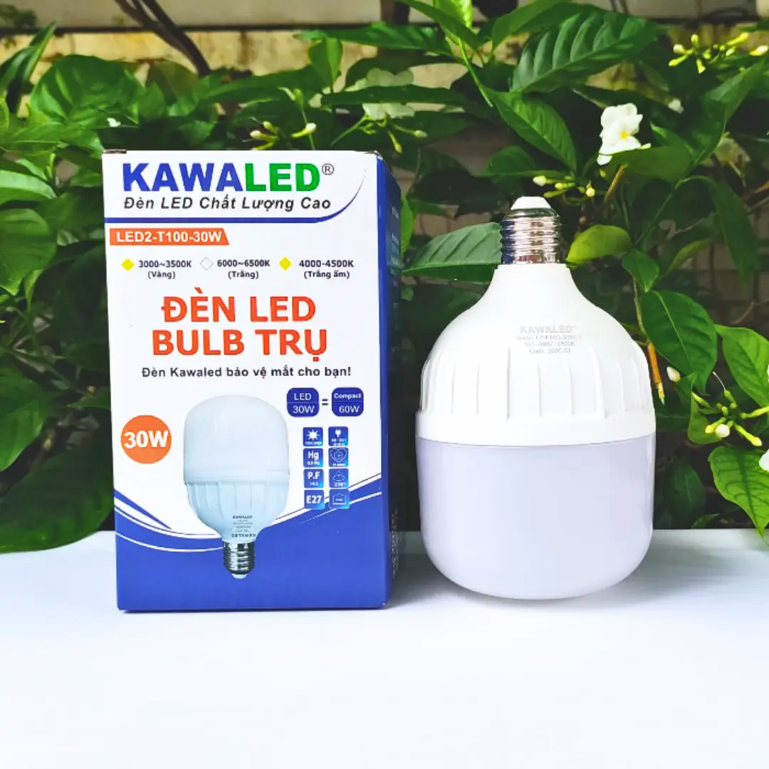 Hình ảnh thực tế bóng đèn LED bulb trụ Kawaled 30W và hộp sản phẩm