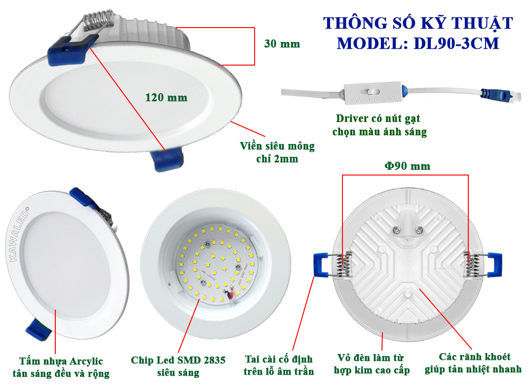 Cấu tạo chi tiết đèn led downlight 3 chế độ màu