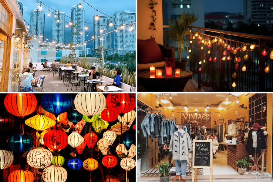 Đèn trang trí ngoài trời, đèn led treo ban công, shop thời trang, đèn lồng
