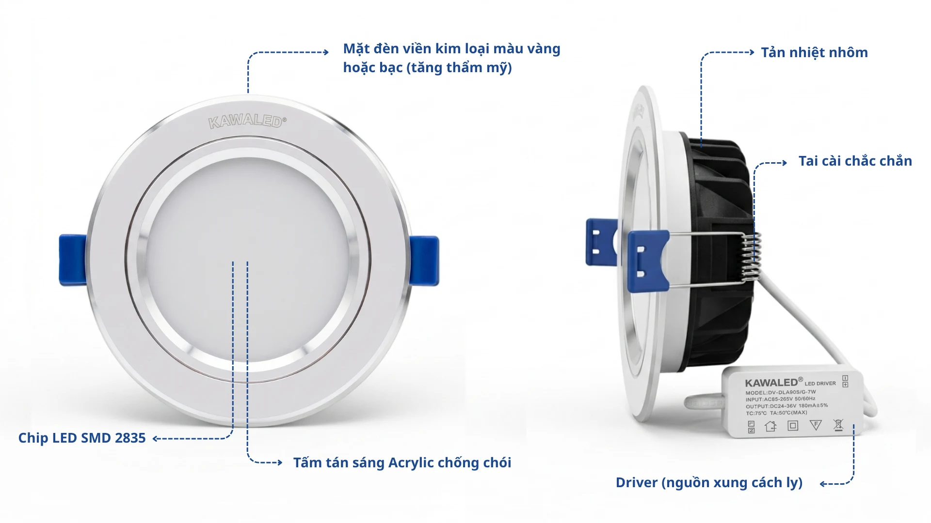 Cấu tạo đèn led âm trần Kawaled DLA90