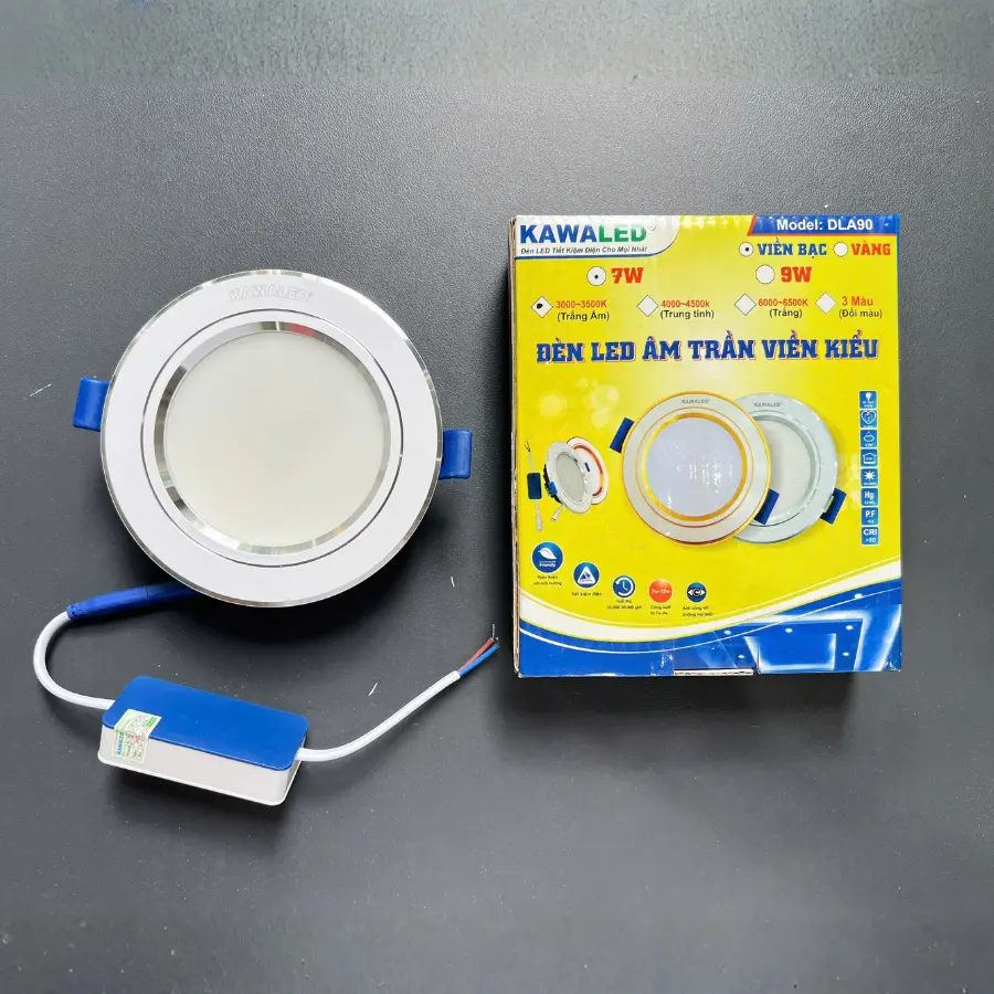Đèn led âm trần DLA90 7W viền bạc kèm hộp sản phẩm Kawaled