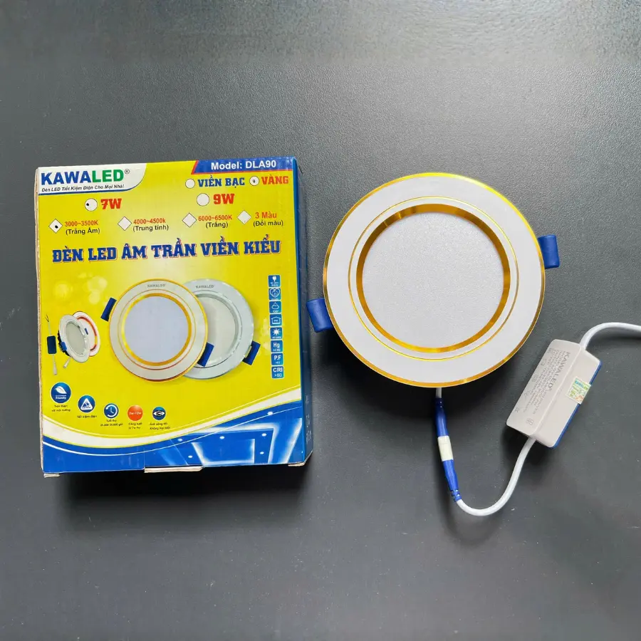 Đèn led âm trần DLA90 7W viền vàng kèm hộp Kawaled