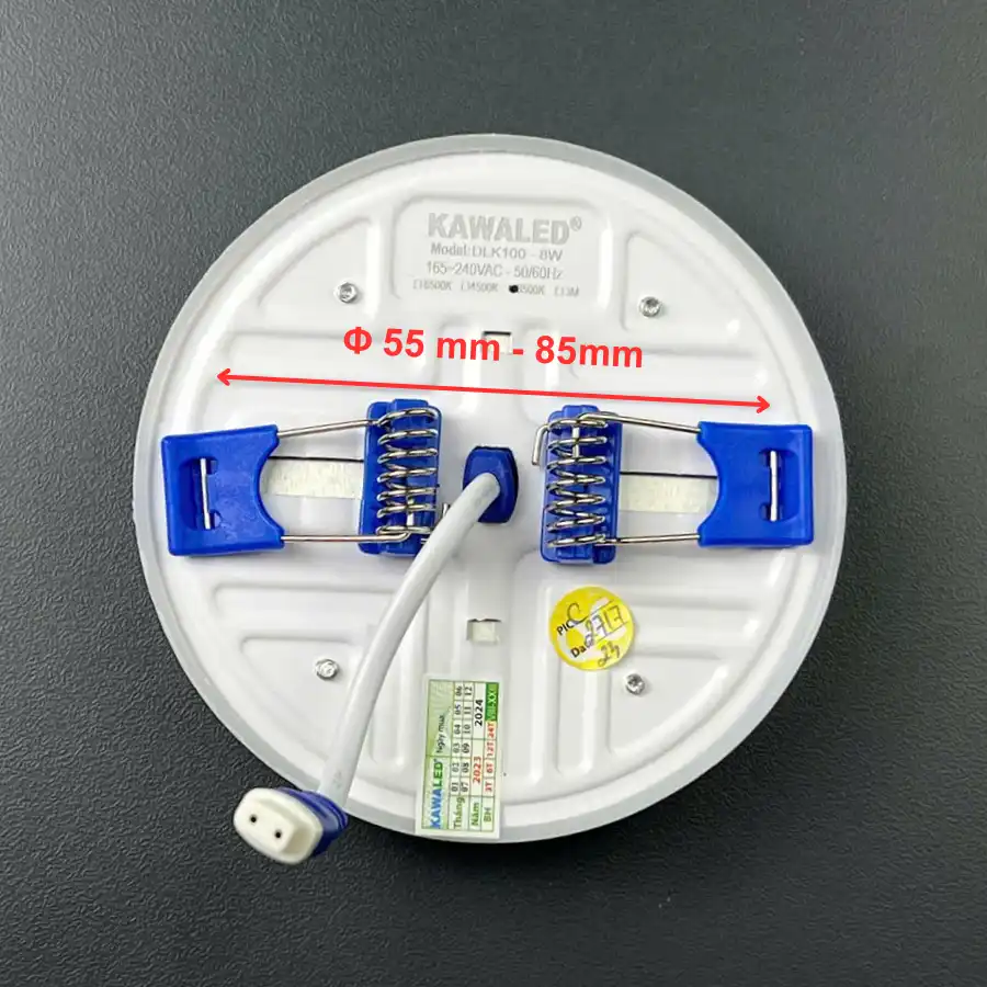 Mặt sau đèn LED âm trần DLK100-8W với tai cài và kích thước lỗ khoét