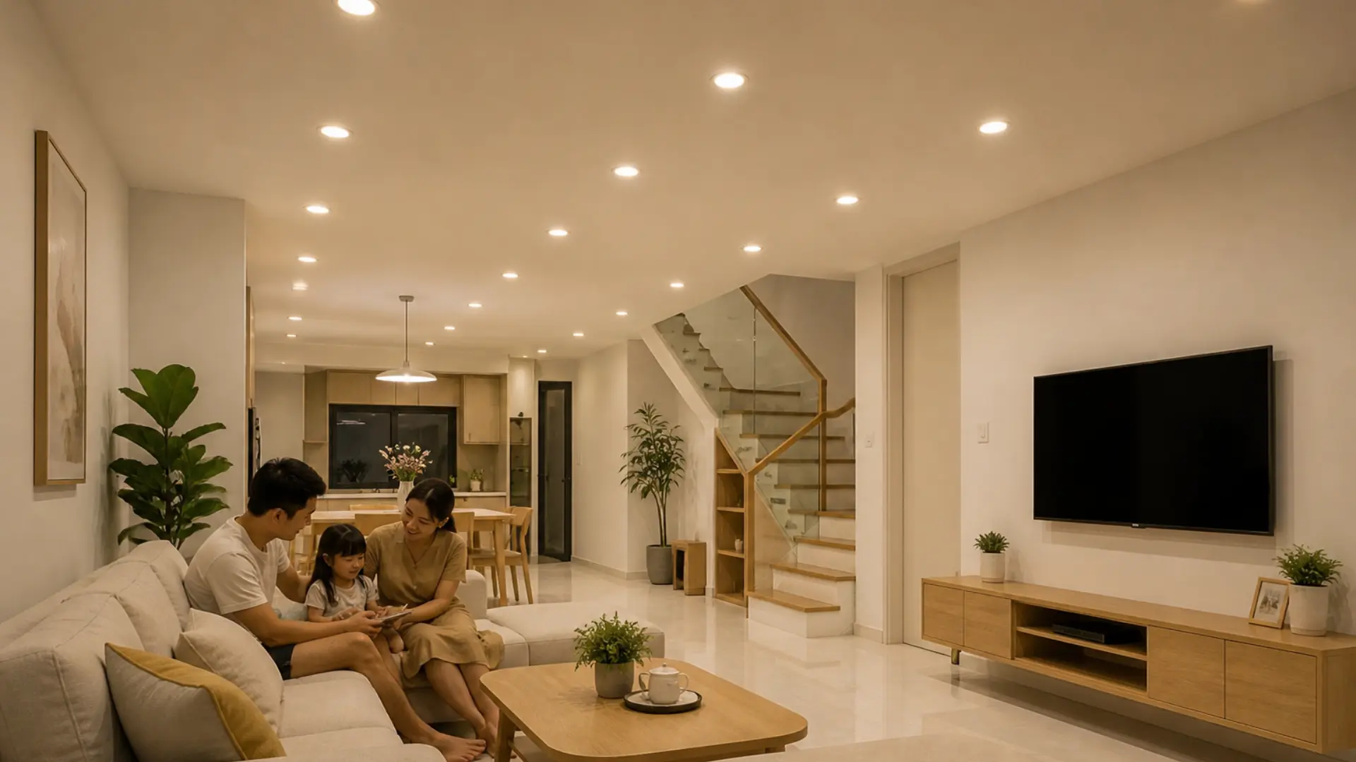 Đèn led âm trần tạo ánh sáng ấm áp cho phòng khách gia đình