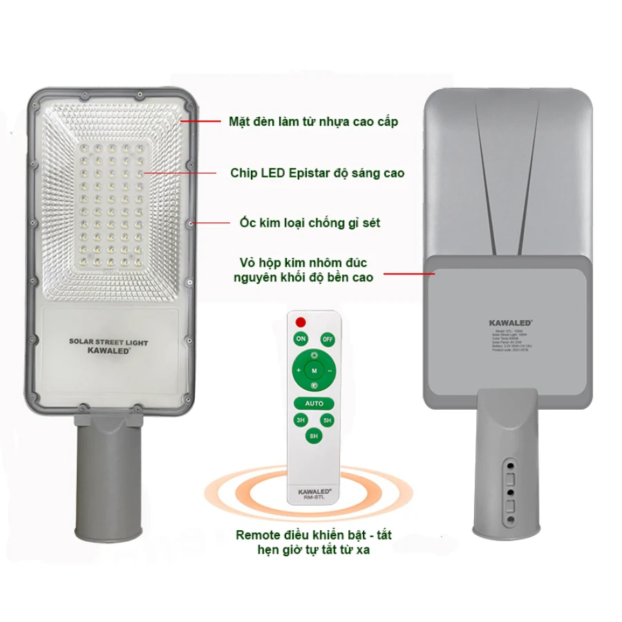 Cấu tạo đèn năng lượng mặt trời Kawaled STL gồm mặt đèn, vỏ nhôm, chip LED và remote