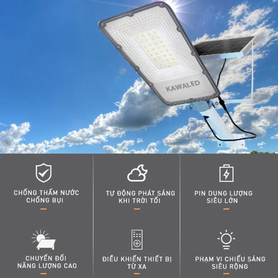 Đèn đường năng lượng mặt trời Kawaled chống nước, tự động phát sáng khi trời tối