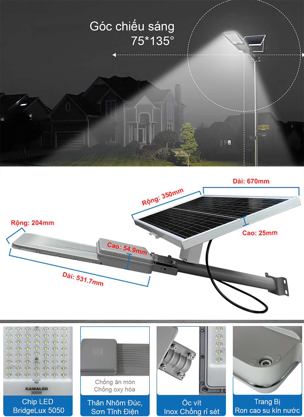 Cấu tạo chi tiết đèn đường năng lượng STL-300W