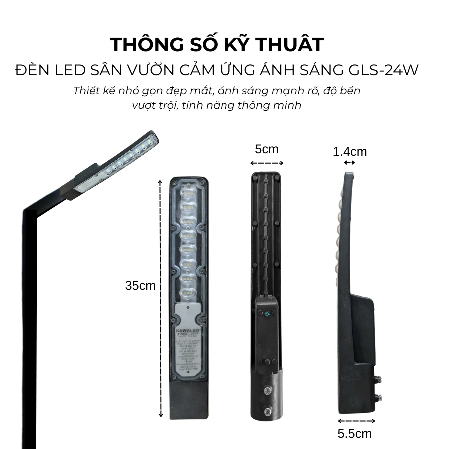 Đèn LED sân vườn GLS-24W cảm ứng ánh sáng, thiết kế nhỏ gọn, chống nước IP66