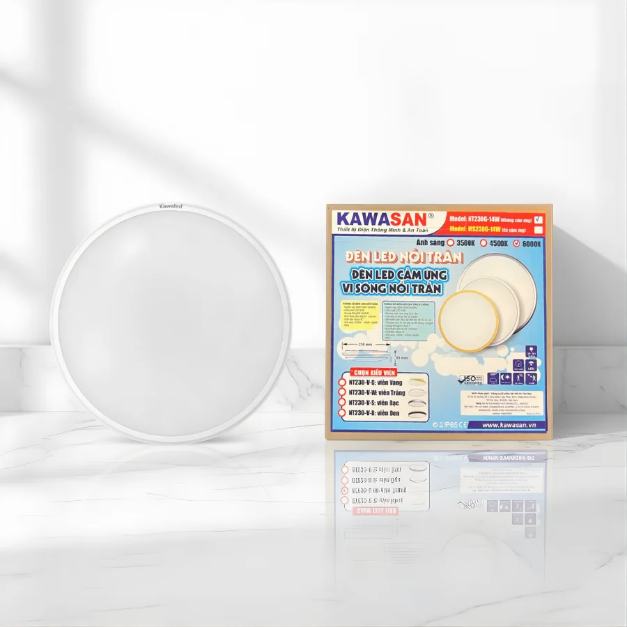 Đèn LED ốp trần Kawaled NT230G-14W chụp chính diện cùng hộp