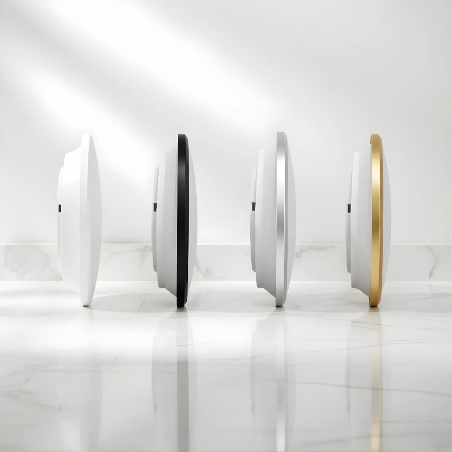 Đèn LED ốp trần tròn Kawaled NT230G-14W trưng bày mặt nghiêng trên nền sáng hiện đại