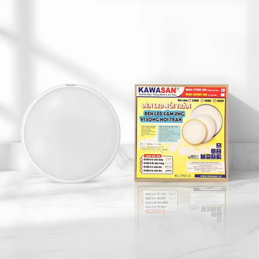 Đèn LED ốp trần Kawaled NT300G-18W chụp chính diện cùng bao bì