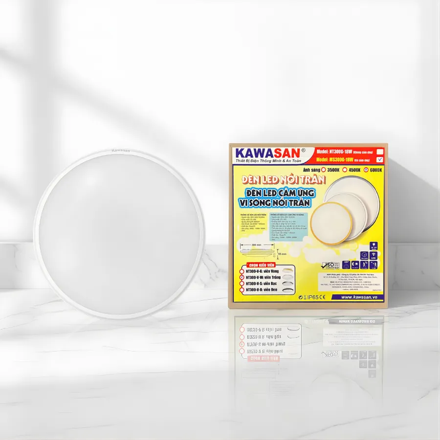 Đèn ốp trần cảm ứng vi sóng Kawasan MS300G-18W và hộp sản phẩm