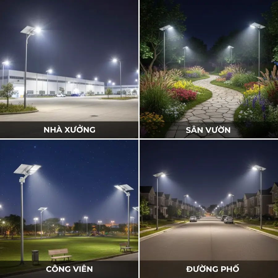 Ứng dụng đèn năng lượng mặt trời Kawaled cho nhà xưởng, sân vườn, công viên và đường phố