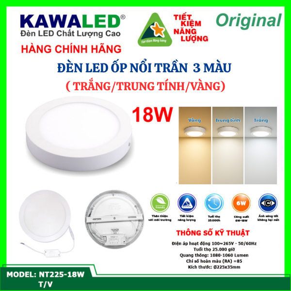 Đèn led ốp nổi trần 3 màu Kawaled