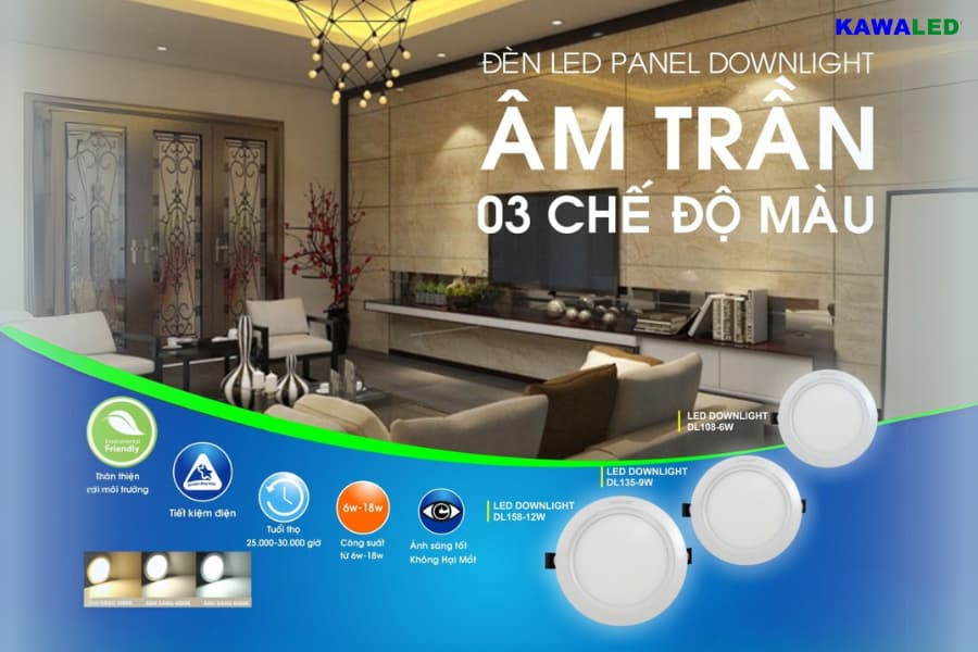 Đèn LED âm trần 3 chế độ đổi màu Kawaled
