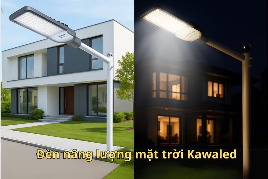 Đèn năng lượng mặt trời lắp trước nhà ban ngày và ban đêm