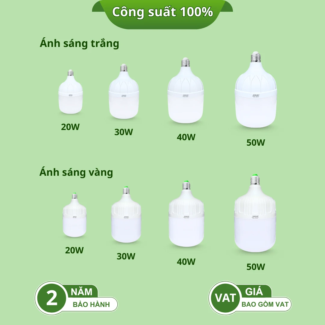 Đèn LED bulb trụ Kawaled các loại công suất và màu ánh sáng