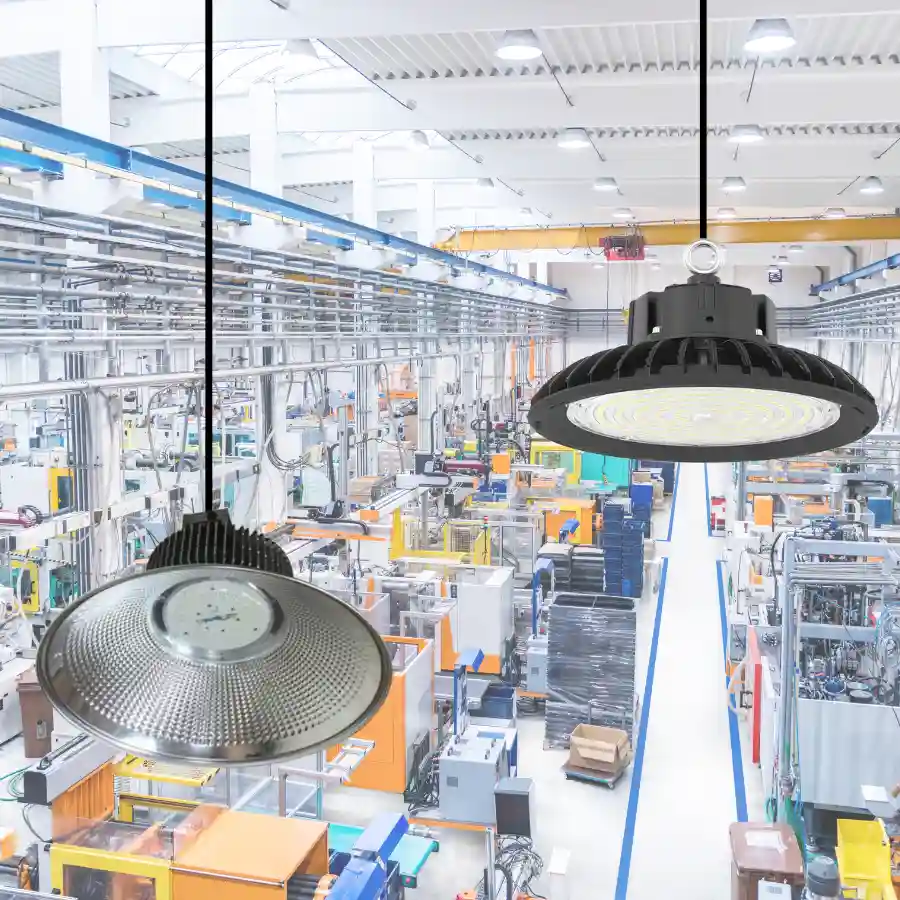 Hệ thống đèn LED High Bay treo trần trong nhà máy sản xuất