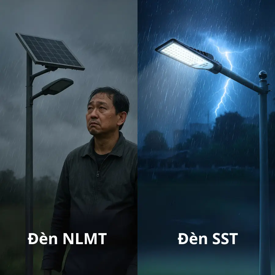 So sánh hiệu quả chiếu sáng giữa đèn năng lượng mặt trời và đèn LED SST trong trời mưa