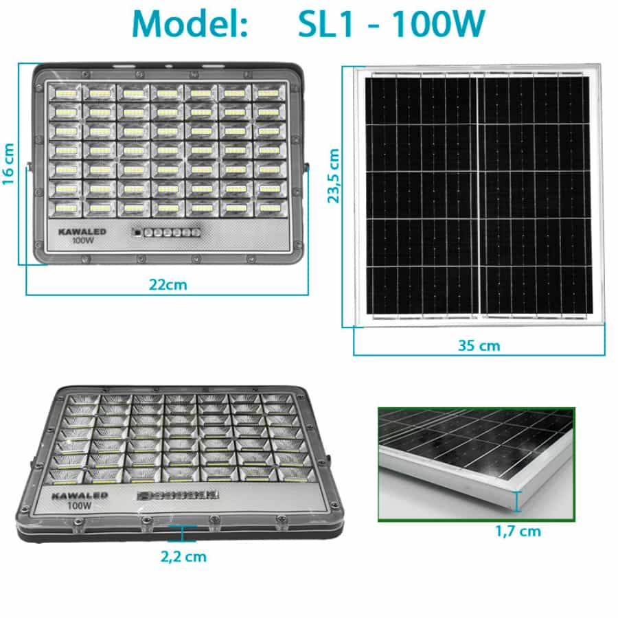 Kích thước đèn năng lượng mặt trời SL1 100W và tấm pin