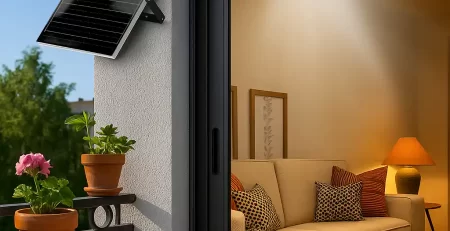 Lắp tấm pin mặt trời ngoài ban công, đèn sáng trong nhà