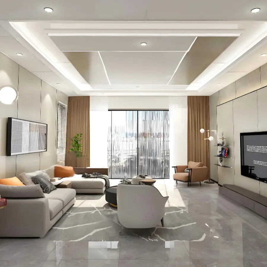 Phòng khách hiện đại trần panel lắp đèn LED âm trần panel đẹp mắt