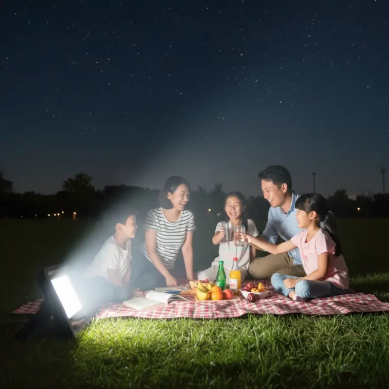 Gia đình picnic buổi tối ngoài trời, đèn năng lượng mặt trời cầm tay SL2 chiếu sáng khu vực sinh hoạt.